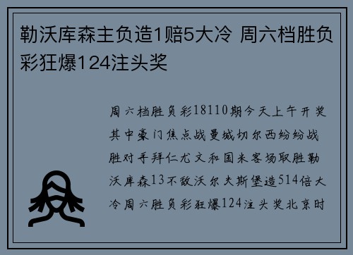 勒沃库森主负造1赔5大冷 周六档胜负彩狂爆124注头奖